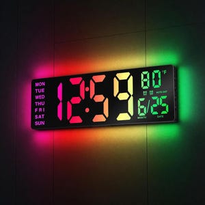 Large RGB Digital Wall Clock, Bluetooth Sync, Dual Alarms, Auto DST, Temperature Display
