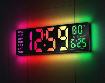 Large RGB Digital Wall Clock, Bluetooth Sync, Dual Alarms, Auto DST, Temperature Display