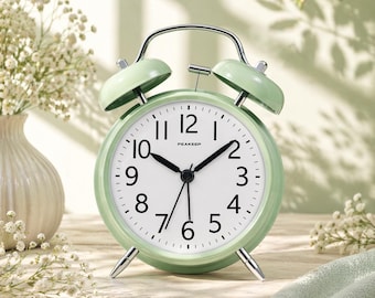 Loud Twin Bell Alarm Clock, Retro Avocado Green, Non-Ticking, Manual Light