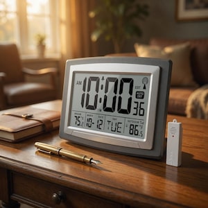May include: A digital weather station displays the time as 10:00 AM, with indoor and outdoor temperature readings of 75.2°F and 86.5°F. The date is 10-12, Tuesday. A gold pen and a small white remote are on the wooden table.