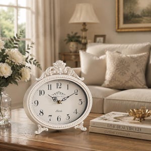 May include: A white oval clock with black Roman numerals and decorative flourishes. The clock face reads "Paris" and "de & Lille". The clock is on a wooden table, alongside books and a small gold bowl. The clock's dimensions are approximately 20 cm in length.