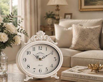 Vintage Farmhouse Table Clock – French Rustic Style Analog Decorative Clock Antique White Finish