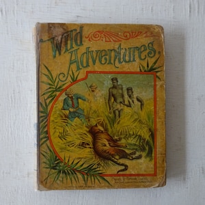 May include: An illustrated book cover with the title "Wild Adventures." The cover features a scene of a tiger lying in tall grass with three men in the background. The book is published by Cassell & Company Limited, New York, London, Paris & Melbourne.