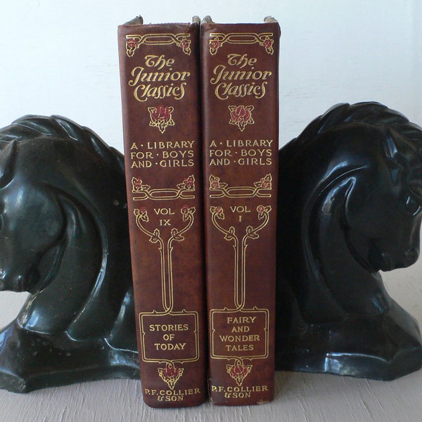 antique books, leather bound book decor, The Junior Classics, 2 volumes, free shipping, from Diz Has Neat Stuff