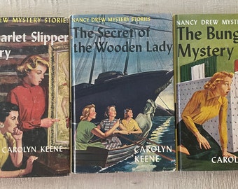 vintage Nancy Drew books, 3 volumes, yellow spines, Carolyn Keene, 1950's decor, free shipping, from Diz Has Neat Stuff