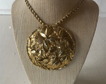 vintage Judith Leiber Medallion, gold tone, large costume jewelry, leaves and caterpillar, free shipping from Diz Has Neat Stuff