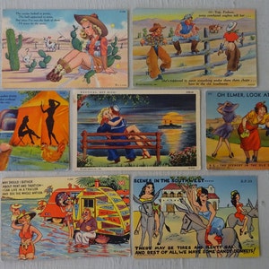 May include: A set of vintage postcards featuring humorous illustrations and text. The postcards depict scenes of couples, people in the desert, and a man and woman walking. The text on the postcards includes phrases like "National Boy Week" and "Scenes in the Southwest".