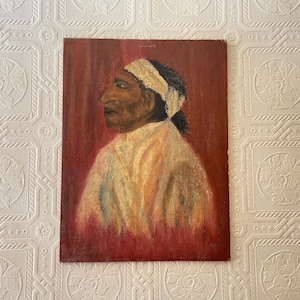 May include: An oil painting on canvas depicting a profile portrait of a person wearing a light-colored headband and a textured, cream-colored garment. The subject is set against a deep, solid red background with visible brushstrokes throughout.