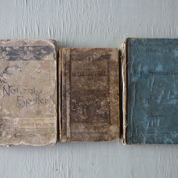 Antique 1800s School Book Set: Henkle's Spelling, Natural Speller, Arithmetic