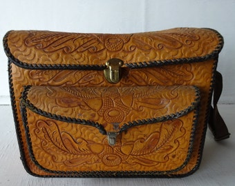 vintage camera case, tooled leather, valise, acorns, large bag, free shipping from Diz Has Neat Stuff