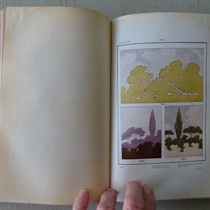 May include: A book page with illustrations of trees. The first image shows a group of trees with a light blue sky in the background. The second image shows two trees, one with a purple hue and the other with a green hue. The text on the page reads "Fig. 1" and "Fig. 2".