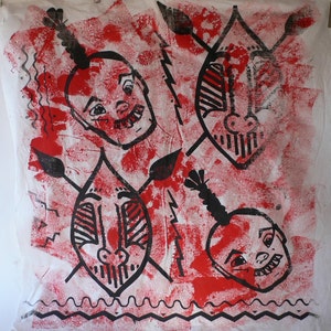 silkscreened and painted tribal fabric made by Diz, free shipping, from Diz Has Neat Stuff