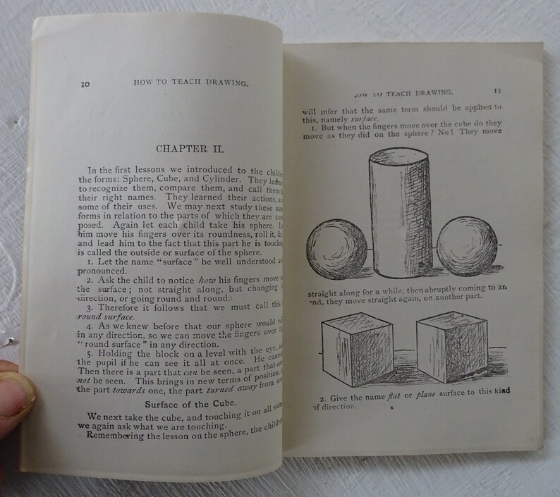 Peut inclure: Une illustration en noir et blanc d'une sph&egrave;re, d'un cylindre et d'un cube. Le texte "How to Teach Drawing" est visible en haut de la page. Le texte "Surface of the Cube" est visible en bas de la page.