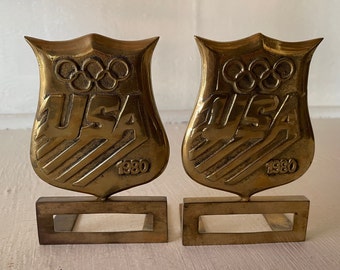 vintage bookends, Brass 1980 USA Olympics, Lake Placid Winter Games, athletic decor, free shipping, from Diz Has Neat Stuff