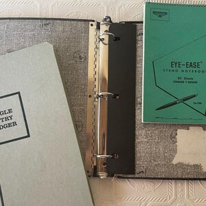 May include: An open gray binder with a silver metal spine, a light blue ledger with the text "SINGLE ENTRY LEDGER", and a green "EYE-EASE" steno notebook with a pen illustration. The binder and notebooks are on a patterned surface.