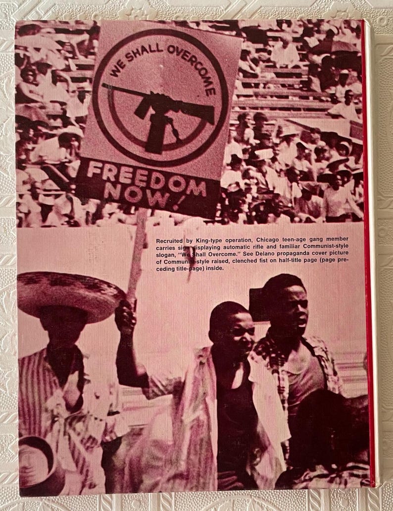 Puede incluir: Una portada de libro vintage con tem&aacute;tica de protesta. La imagen presenta un cartel con las palabras "WE SHALL OVERCOME" y "FREEDOM NOW!" junto con un s&iacute;mbolo de rifle. El fondo muestra una multitud, y varias personas son visibles en primer plano.
