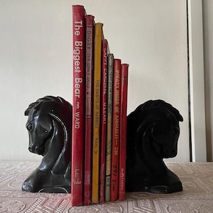 May include: A set of two black horse-shaped bookends flanking a row of seven hardcover books. The books include titles such as The Biggest Bear, Digby the Only Dog, The Habits of Rabbits, Happy Cardinal, and What's Inside of Animals, arranged by height.