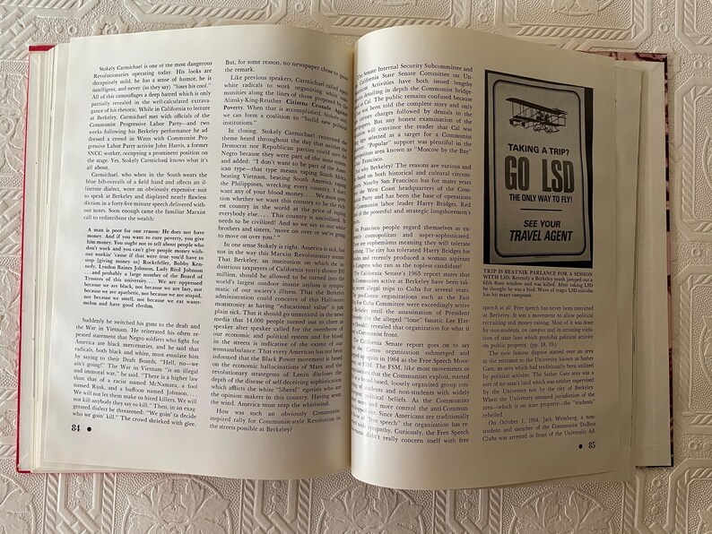 Puede incluir: Un libro abierto con texto y un anuncio que dice "TAKING A TRIP? GO LSD THE ONLY WAY TO FLY SEE YOUR TRAVEL AGENT". El libro tiene bordes rojos.