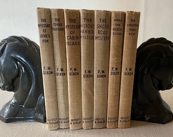 vintage Hardy Boys, 7 volumes, brown on beige covers, Franklin Dixon, 1950's decor, Grosset Dunlap, free shipping, from Diz Has Neat Stuff