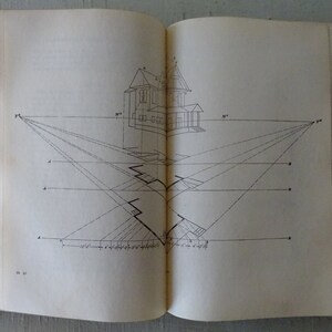 May include: A black and white line drawing of a house with a set of vanishing points and lines showing perspective.