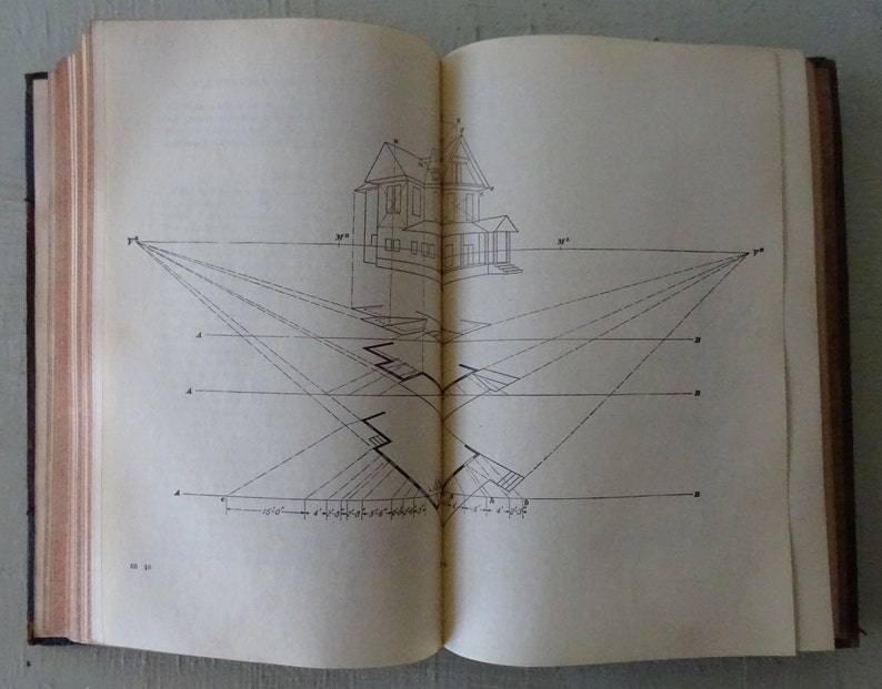 May include: A black and white line drawing of a house with a set of vanishing points and lines showing perspective.