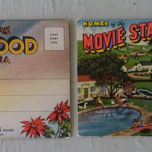 May include: Two vintage postcards featuring scenes of Hollywood, California. The first postcard shows a colorful illustration of the Hollywood sign and a bustling street scene with the text "Interesting Hollywood California" and "Where Stars Shine Night and Day". The second postcard shows a colorful illustration of a swimming pool and houses with the text "Homes of the Movie Stars".