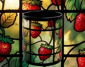 Strawberry Stained Glass Ceramic Mug | Vintage Fruit Pattern Coffee Cup