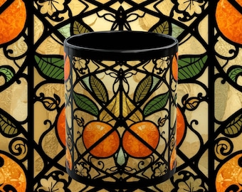 Stained Glass Orange Citrus Fruit Mug, Vintage Style Black Ceramic Cup