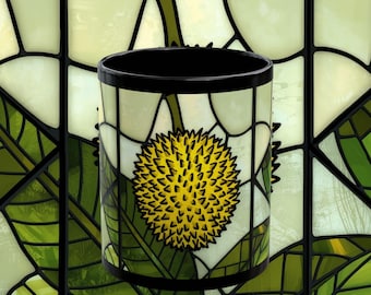Durian Stained Glass Style Mug, Tropical Fruit Art Cup, Black Ceramic Coffee Mug