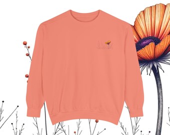 Minimal Floral Sweatshirt, Small Flower Chest Print, Cozy Unisex Crewneck, Soft Botanical Pullover