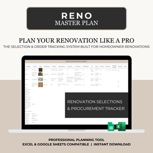 Home Renovation Selections Tracker | Organize Cabinets, Flooring, Tile & Fixtures | Excel + Google Sheets