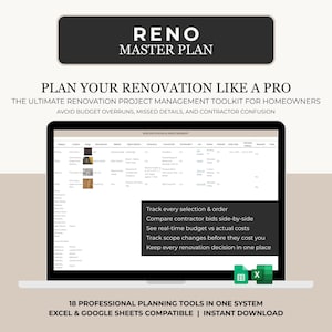 Planilha de Planejamento de Reforma Residencial | Gerenciador Completo de Projetos de Reforma | Controle de Orçamento, Cronograma, Comparação de Empreiteiros | Excel + Planilhas
