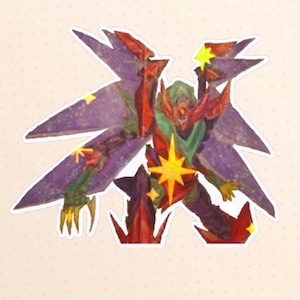 May include: A colorful sticker featuring a stylized illustration of a fantasy character. The character has a red and green face, a yellow star on its chest, and large purple wings with yellow star accents. The overall design is vibrant and detailed.
