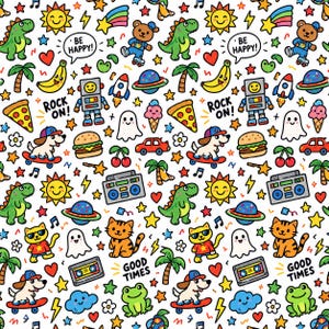 Puede incluir: Un patrón repetitivo con iconos de dibujos animados coloridos que incluyen dinosaurios verdes, soles sonrientes, robots, gatos, perros en monopatines, fantasmas, palmeras, plátanos, porciones de pizza, hamburguesas, cohetes, planetas y texto.