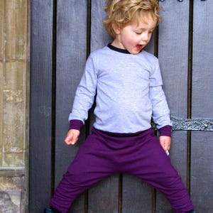 Op de afbeelding: Een kind draagt een grijze longsleeve met zwarte bies en een paarse broek. Het kind staat met gespreide benen en draagt donkerblauwe schoenen. De achtergrond is een houten deur met decoratief metaalwerk.