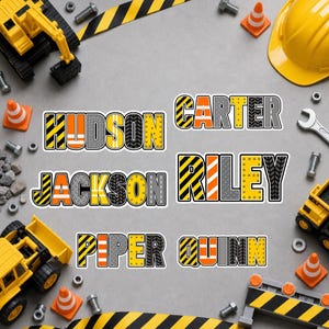 May include: Six custom name stickers featuring construction-themed typography. The letters display patterns of orange and black hazard stripes, grey diamond plate metal, yellow caution textures, and black tire treads spelling HUDSON, CARTER, JACKSON, RILEY, PIPER, and QUINN.