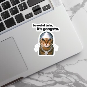 May include: A sticker featuring a cat wearing a silver durag and a diamond chain. The sticker has the text "be weird twin, it's gangsta." The cat has brown fur and white whiskers. The sticker is on a laptop.
