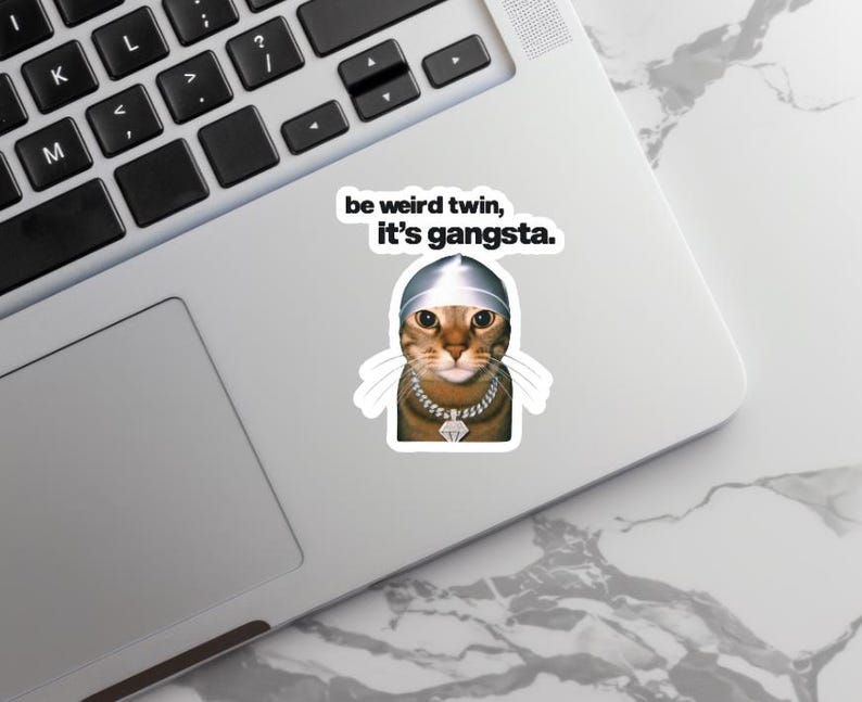 May include: A sticker featuring a cat wearing a silver durag and a diamond chain. The sticker has the text "be weird twin, it's gangsta." The cat has brown fur and white whiskers. The sticker is on a laptop.