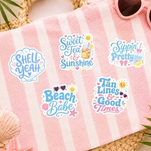 May include: Five vinyl stickers featuring summer themes. The stickers display the phrases Shell Yeah, Sweet Tea & Sunshine, Sippin' Pretty, Beach Babe, and Tan Lines & Good Times, decorated with icons like seashells, suns, and sunglasses.