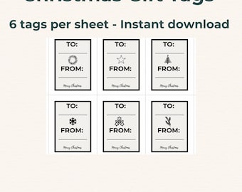 Può includere: Bigliettini regalo di Natale con il testo "Christmas Gift Tags" e "6 bigliettini per foglio - Download istantaneo". Ogni bigliettino ha una sezione "A:" e "DA:" con icone festive e il testo "Merry Christmas".