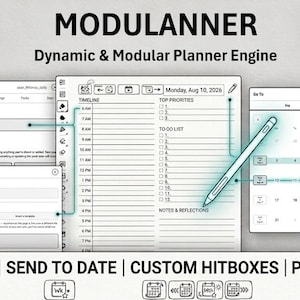 Op de afbeelding: Een digitale planner-interface getiteld MODULANNER Dynamic & Modular Planner Engine. Het toont een dagschema, een kalenderweergave voor augustus 2026 en instellingenmenu's. Een stylus wijst naar de notitiesectie. Functies zijn onder meer navigatie, send to date, custom hitboxes en pages engine.