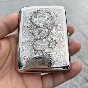 Chinese Dragon Cigarette Case, White Copper Metal Tobacco Box, Hand Engraved Lucky Cloud Pattern, Unique Gift for Men Dad Husband