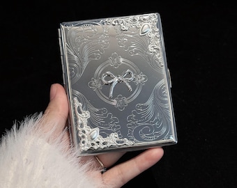 Silver Bow Metal Cigarette Case, Vintage Engraved Cigarette Holder, Elegant Gothic Accessory for Women, Gift for Her