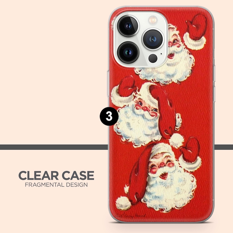 May include: A clear phone case featuring a vibrant red background with three repeating illustrations of Santa Claus. Each Santa has a white beard, a red hat, and a cheerful expression. The case has a cutout for a triple-lens camera system.