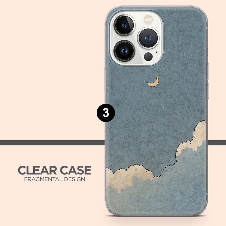 May include: Clear phone case with a blue sky design, featuring a crescent moon and cloud illustration. The case has the text "CLEAR CASE FRAGMENTAL DESIGN".