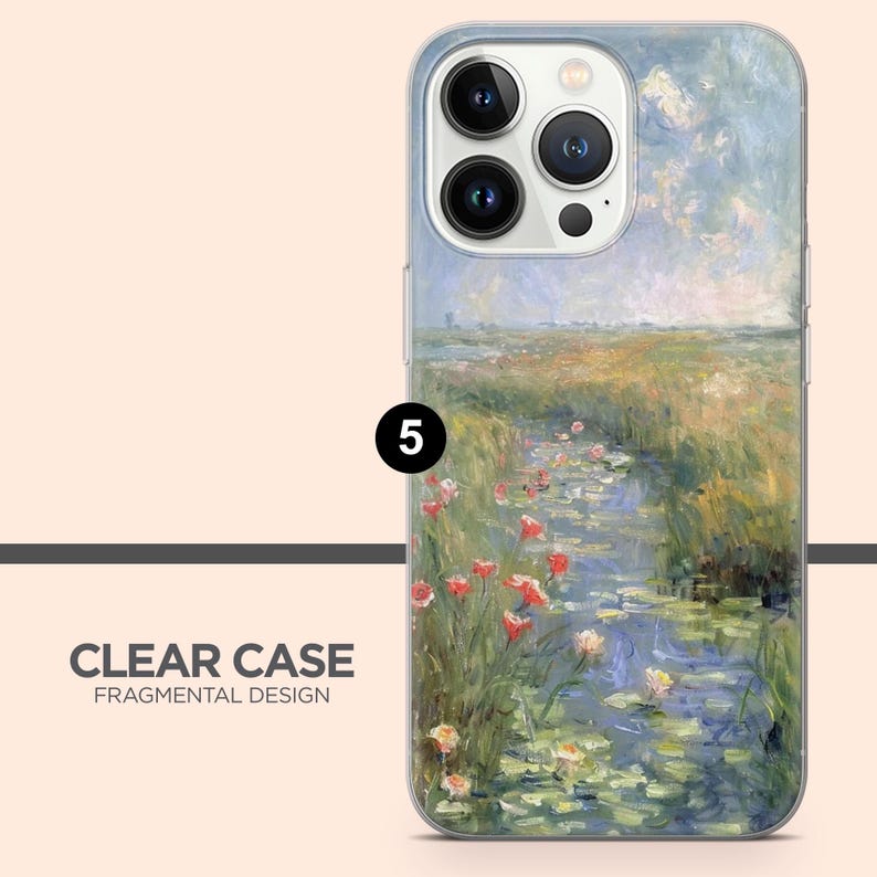 May include: Clear phone case featuring a landscape painting with a water stream, red flowers, and green foliage. The case has the text "CLEAR CASE FRAGMENTAL DESIGN" and the number "5" in a black circle.