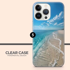 May include: Transparent phone case displaying a beach scene with blue water, white sand, and a blue sky with clouds. The case has a clear border and the text "CLEAR CASE FRAGMENTAL DESIGN".