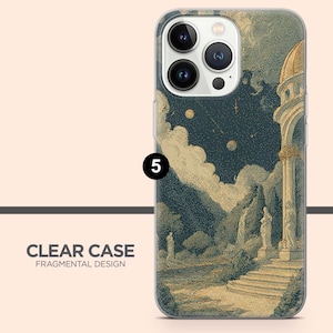 May include: Clear phone case with a fragmental design. The case features a vintage illustration of a classical building with a domed roof, statues, and a night sky with planets and clouds. The text "CLEAR CASE FRAGMENTAL DESIGN" is printed on the case.