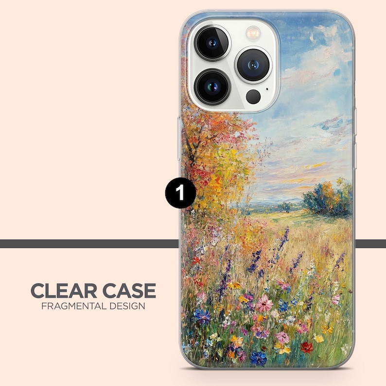 May include: Clear phone case with a Fragmental Design. The case features a vibrant landscape painting with colorful wildflowers, a tree with autumn foliage, and a blue sky with clouds. The case is designed to fit a smartphone.