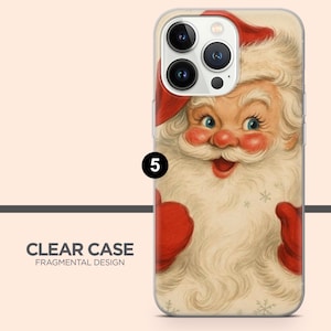 May include: A clear phone case featuring a vintage-style illustration of Santa Claus with a white beard, red hat, and red mittens. The design includes small snowflake accents. The case is shown on a smartphone with a triple-lens camera array.